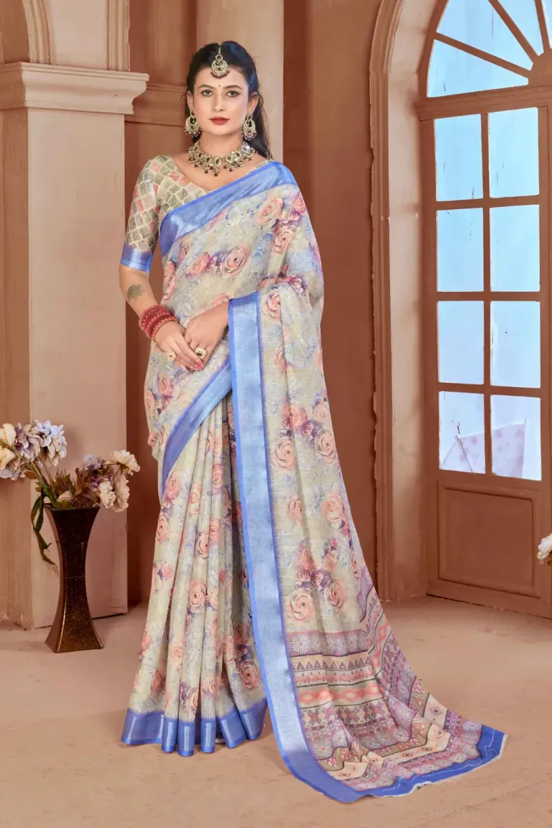 Cream Floral Print Linen Saree with Metallic Blue Border