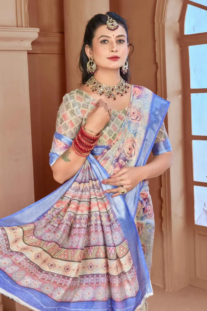 Cream Floral Print Linen Saree with Metallic Blue Border (Hover)