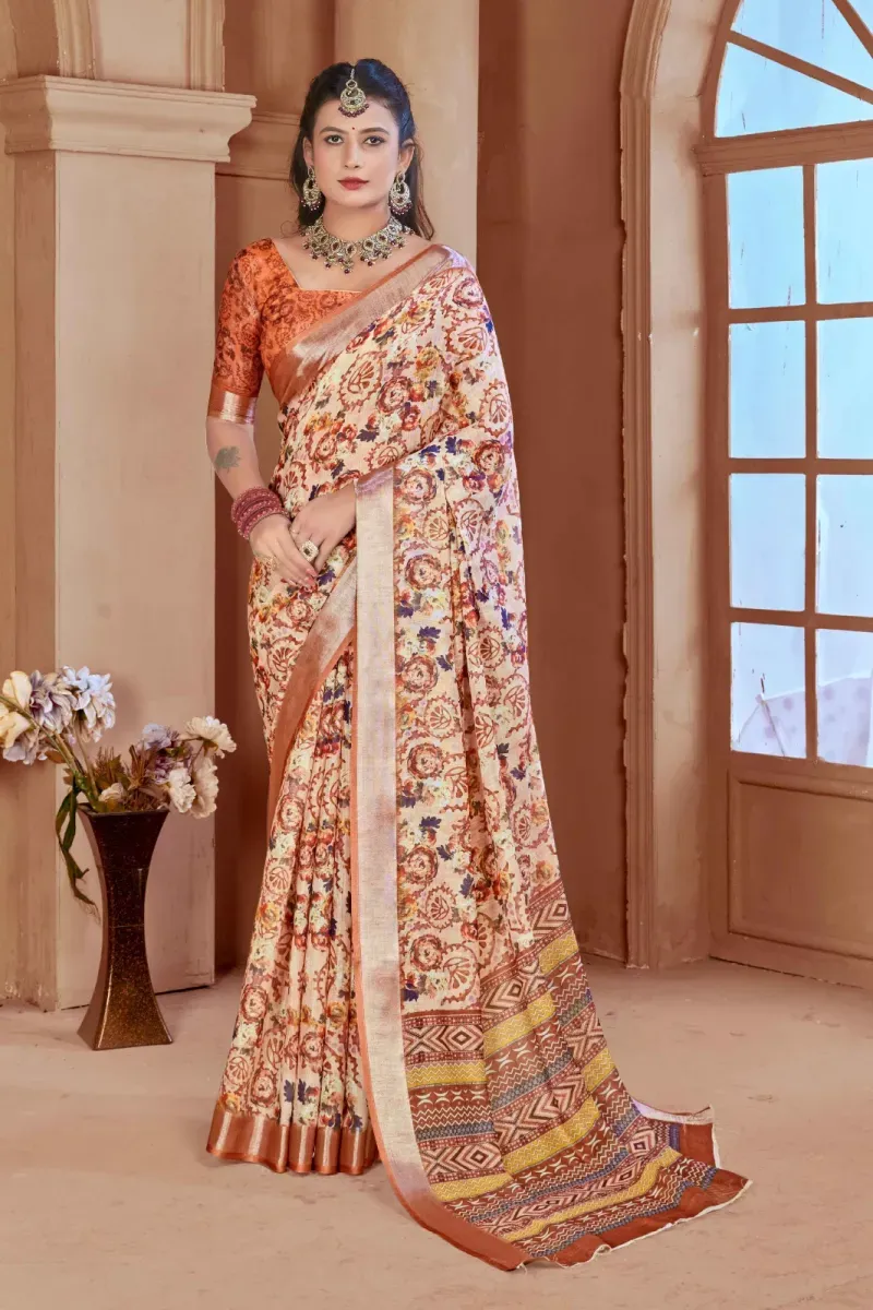 Orange Floral Block Print Linen Saree with Copper Zari Border