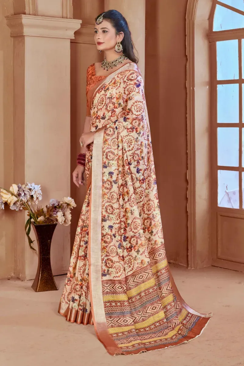 Orange Floral Block Print Linen Saree with Copper Zari Border (Hover)