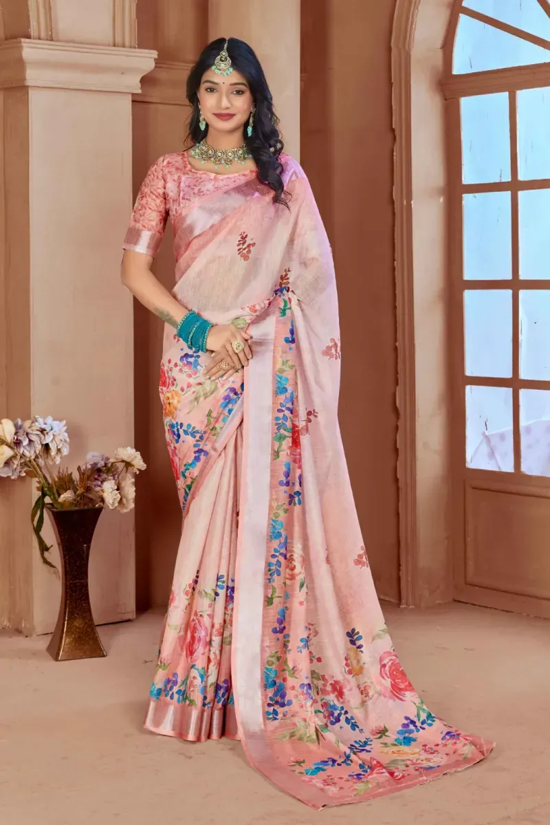 Blush Pink Floral Print Linen Saree with Silver Zari Border