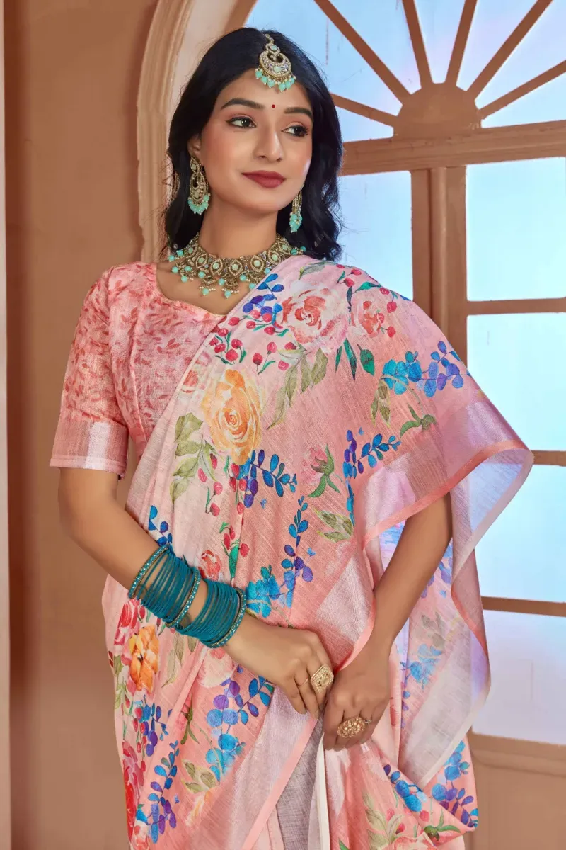 Blush Pink Floral Print Linen Saree with Silver Zari Border (Hover)