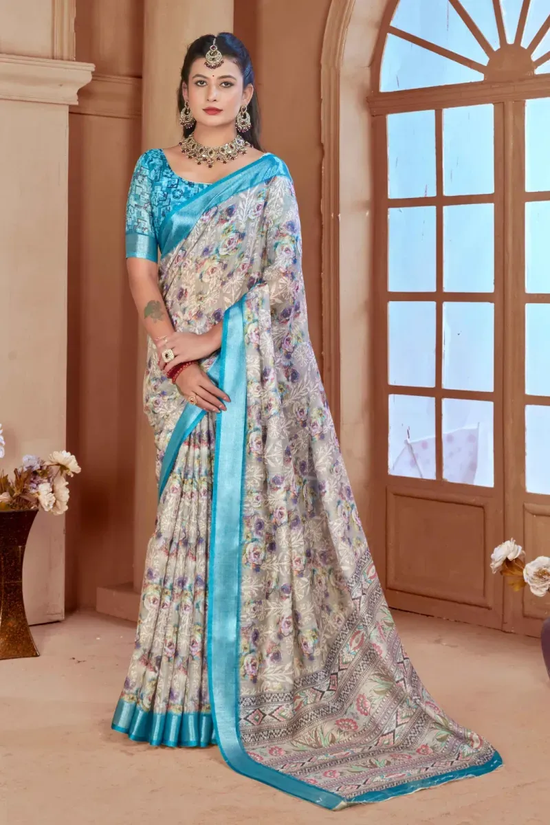 Light Grey Floral Print Linen Saree with Cyan Blue Border