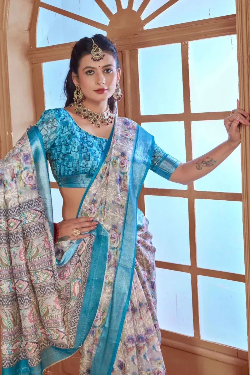 Light Grey Floral Print Linen Saree with Cyan Blue Border (Hover)