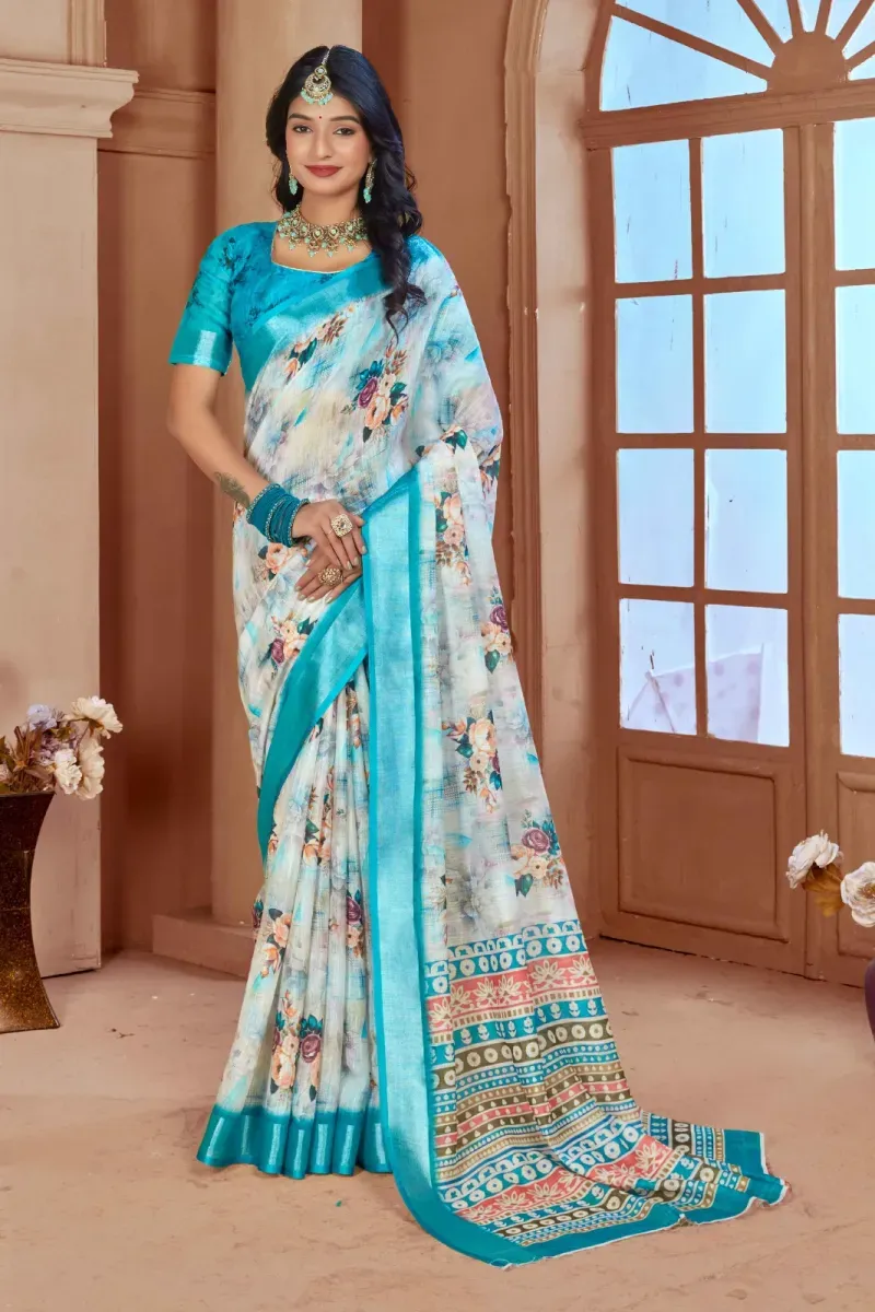 White Floral Print Linen Saree with Turquoise Blue Border