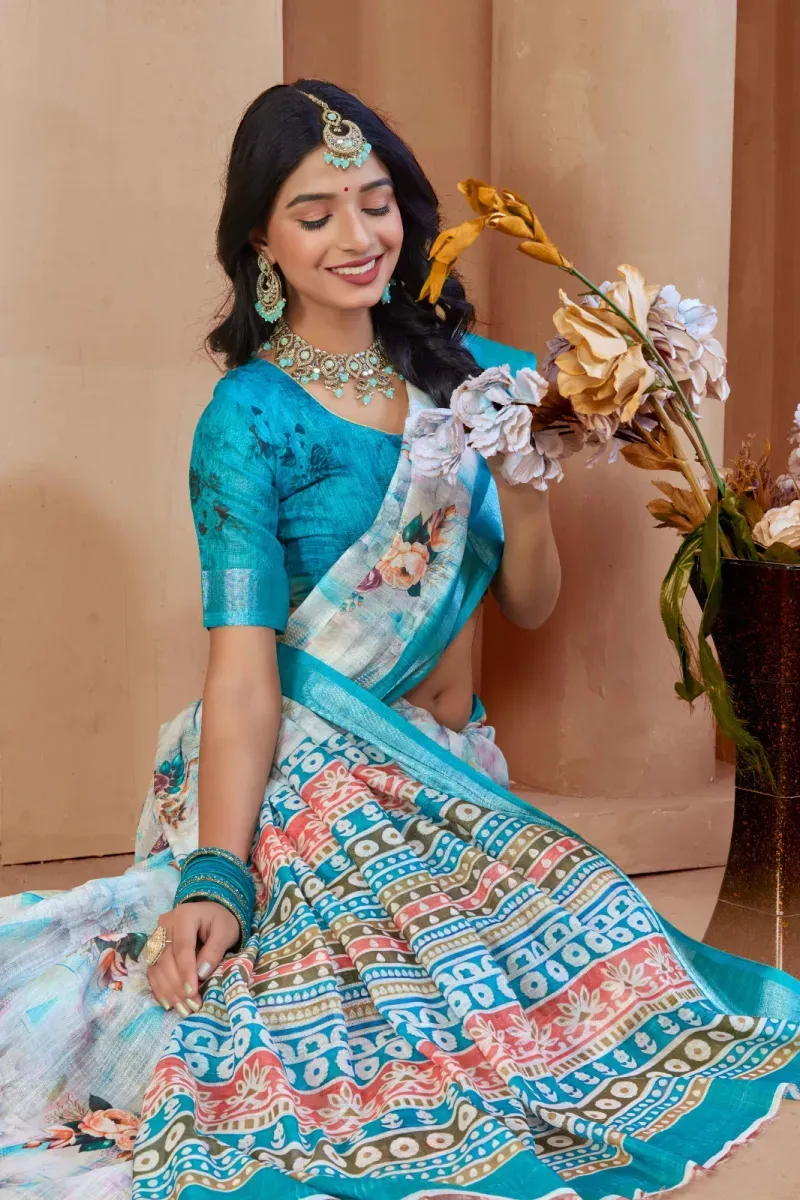 White Floral Print Linen Saree with Turquoise Blue Border (Hover)