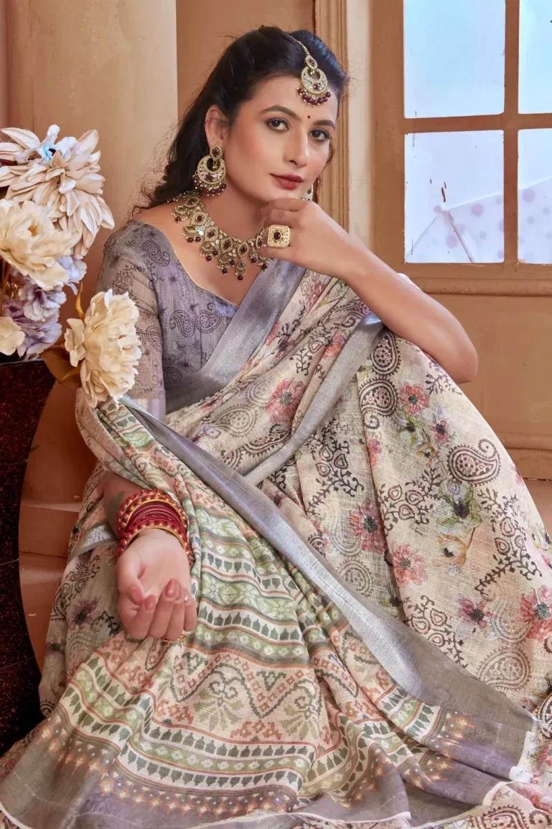 Cream Floral Paisley Print Linen Saree with Silver Border (Hover)