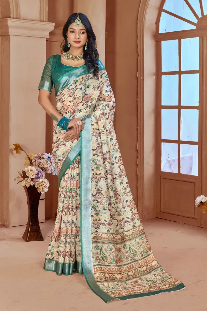 Cream Floral Paisley Print Linen Saree with Dark Green Border
