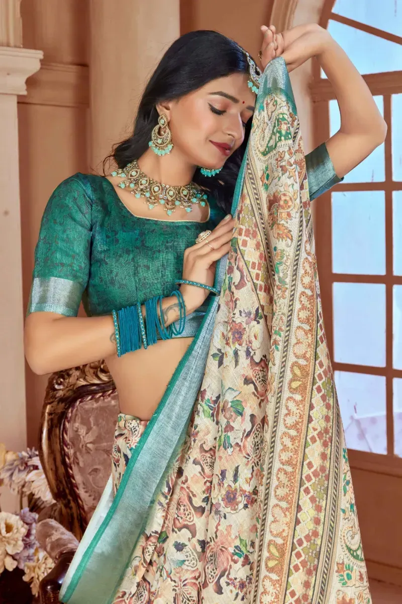 Cream Floral Paisley Print Linen Saree with Dark Green Border (Hover)