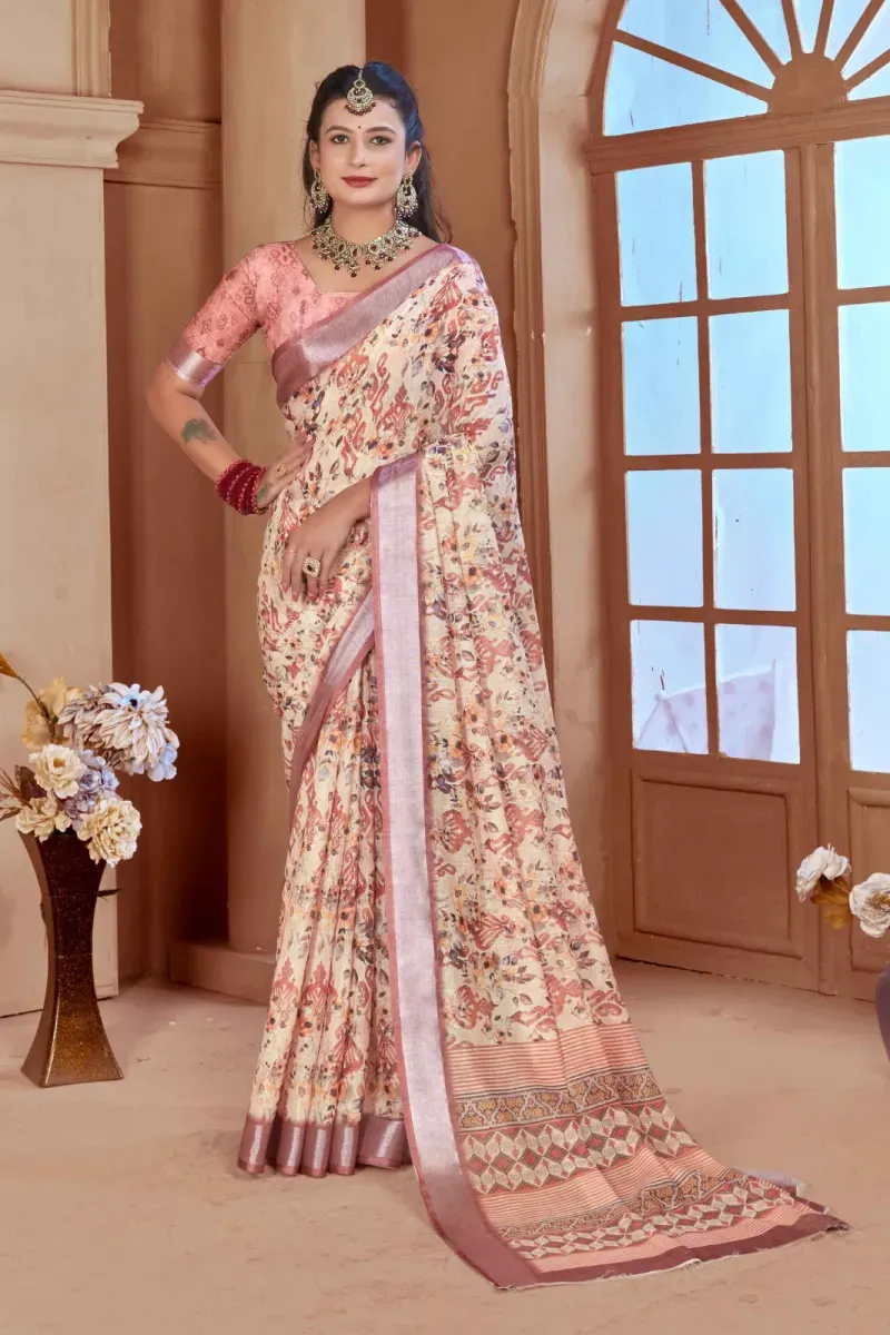 Cream Floral Print Linen Saree with Rose Gold Border (Hover)