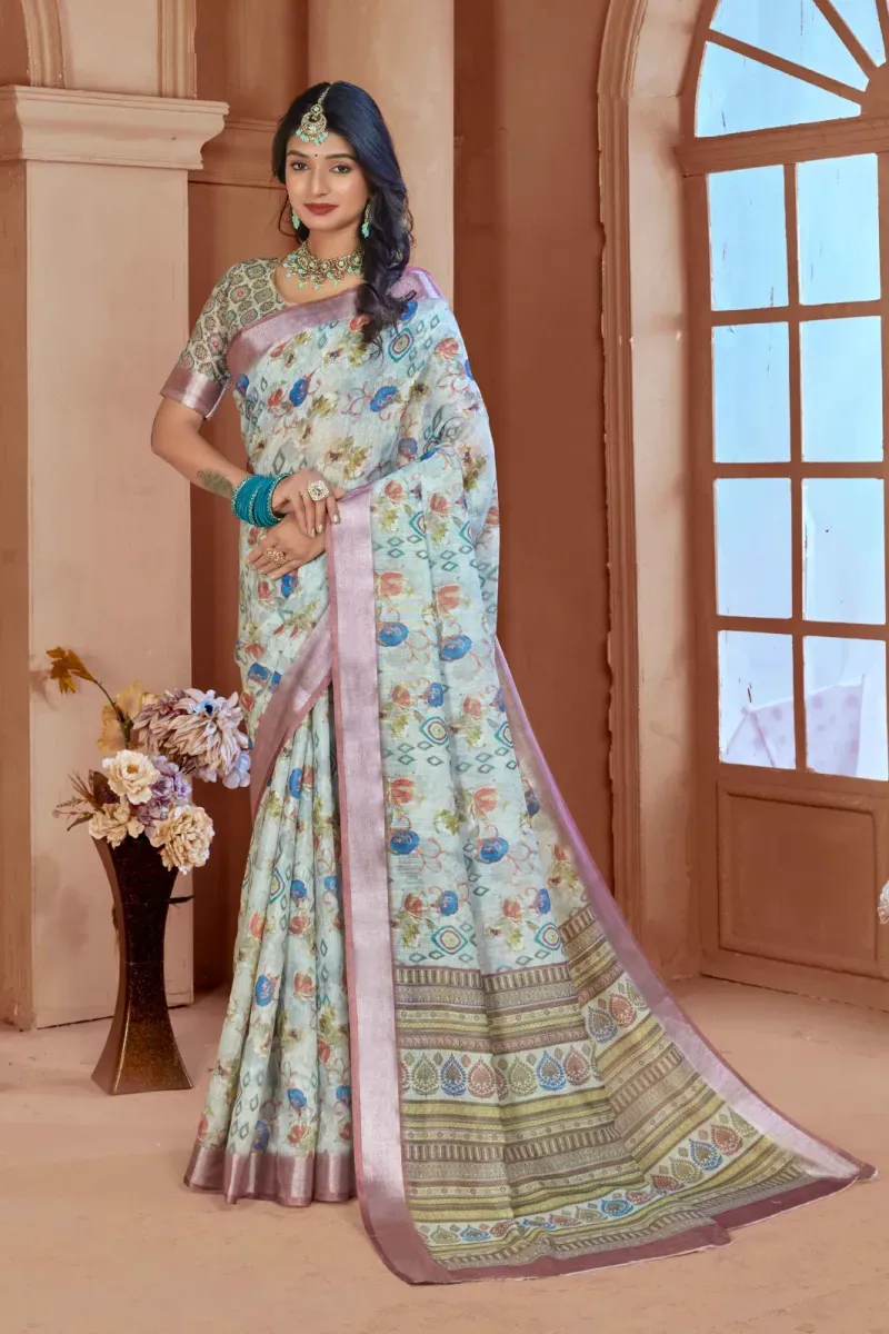 Light Blue Floral Print Linen Saree with Dusty Pink Border