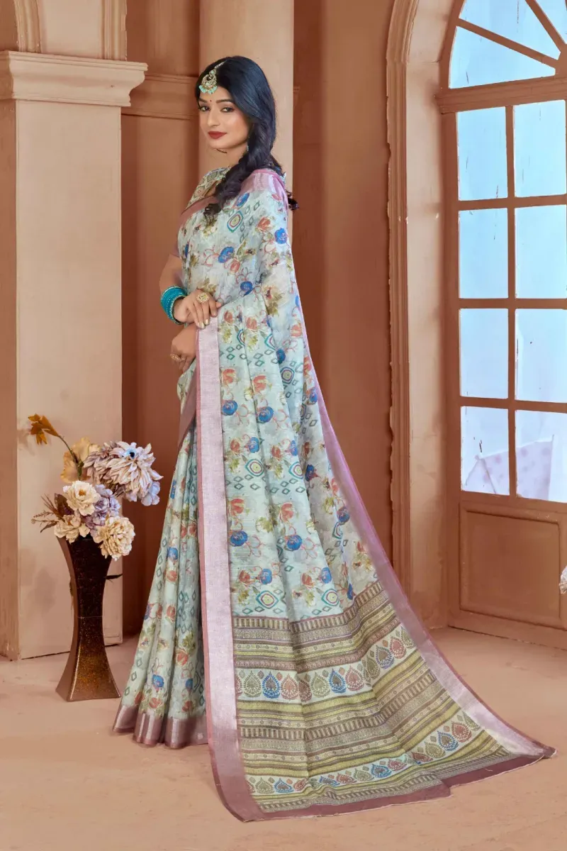 Light Blue Floral Print Linen Saree with Dusty Pink Border (Hover)