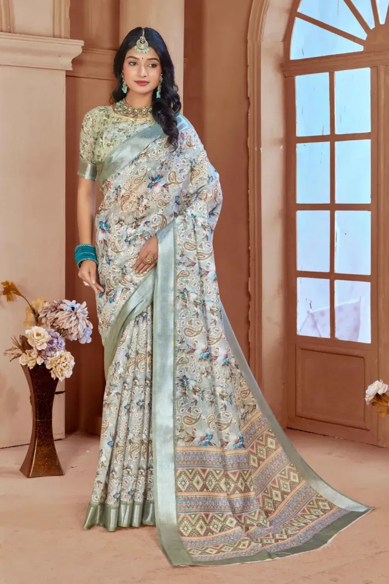 Light Greyish Blue Floral Paisley Linen Saree with Sage Green Border