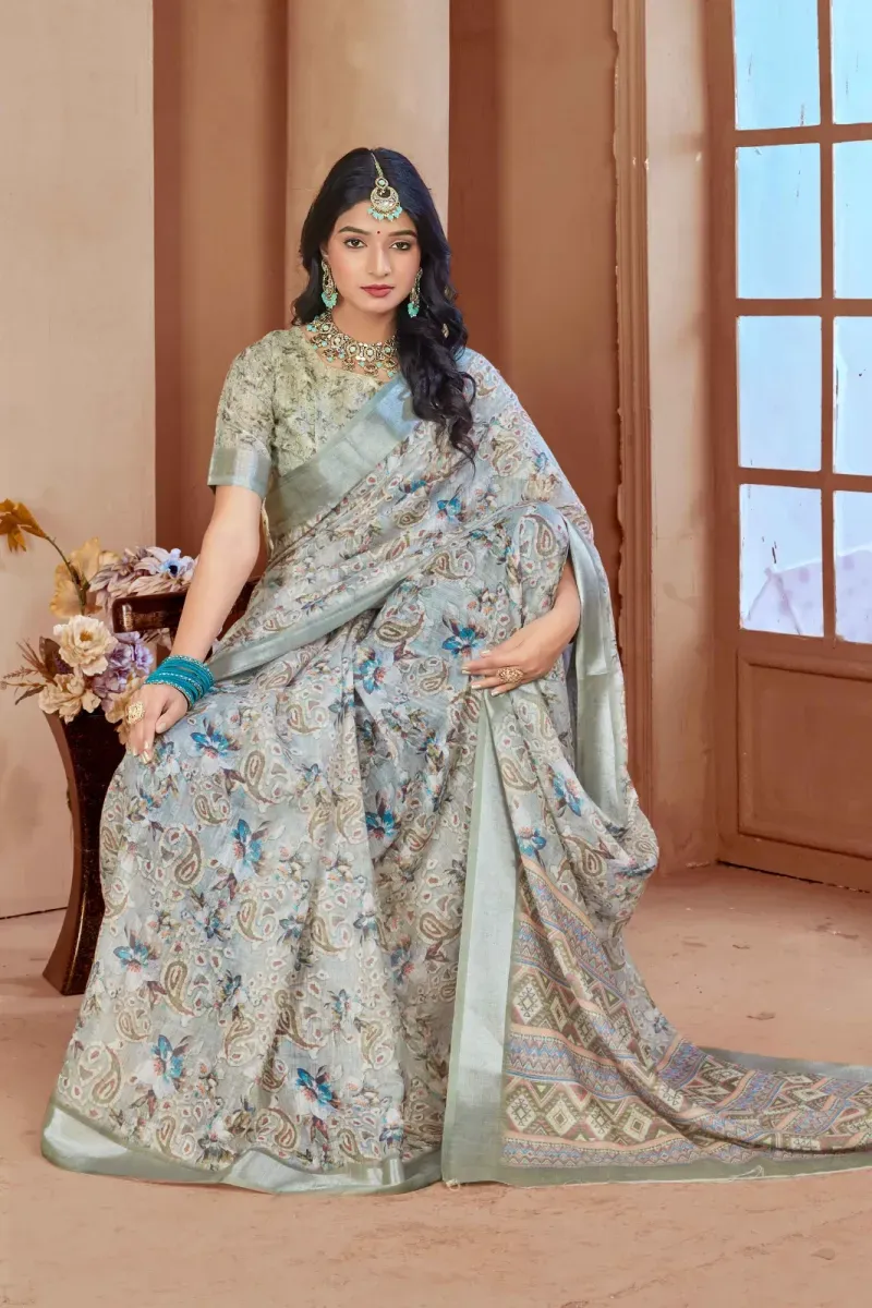 Light Greyish Blue Floral Paisley Linen Saree with Sage Green Border (Hover)