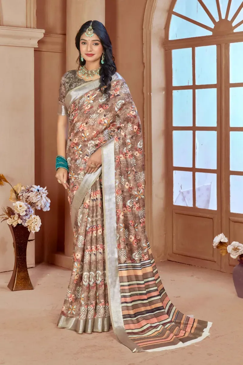 Earthy Brown Floral Print Linen Saree with Silver Border