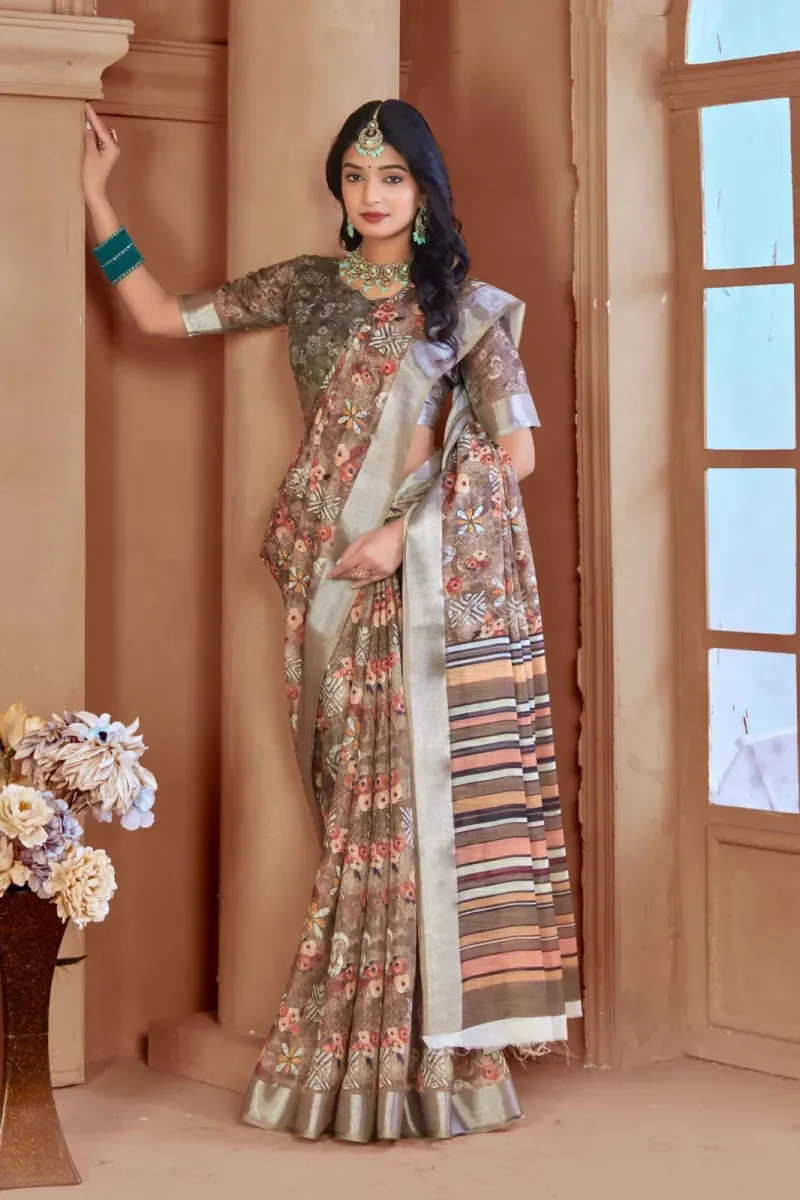 Earthy Brown Floral Print Linen Saree with Silver Border (Hover)