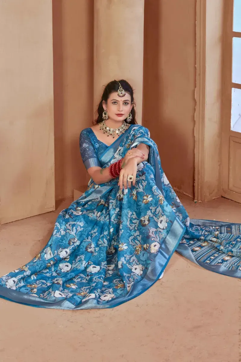 Ocean Blue Floral Print Linen Saree with Silver Zari Border