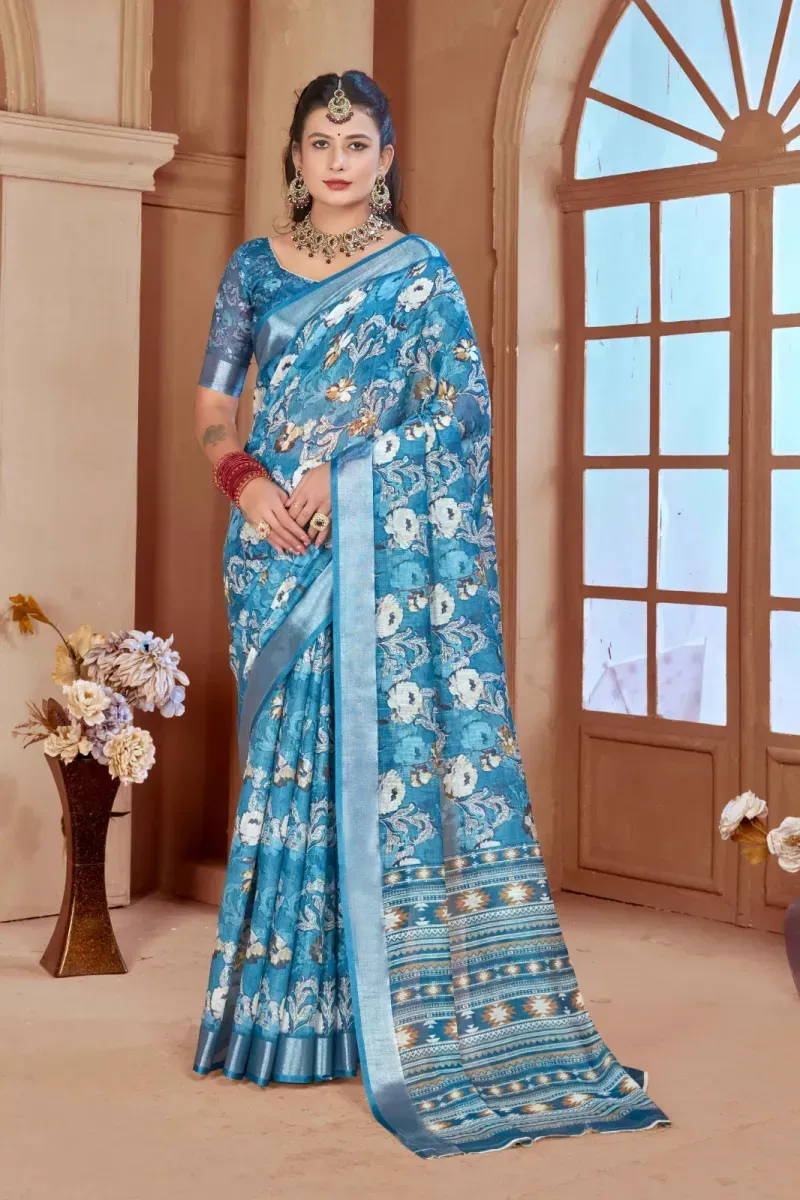 Ocean Blue Floral Print Linen Saree with Silver Zari Border (Hover)