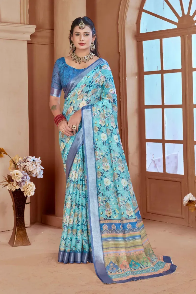 Sky Blue Floral Print Linen Saree with Silver Zari Border