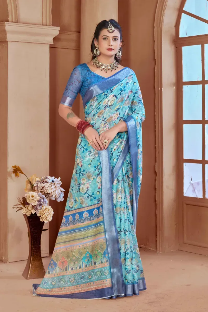 Sky Blue Floral Print Linen Saree with Silver Zari Border (Hover)