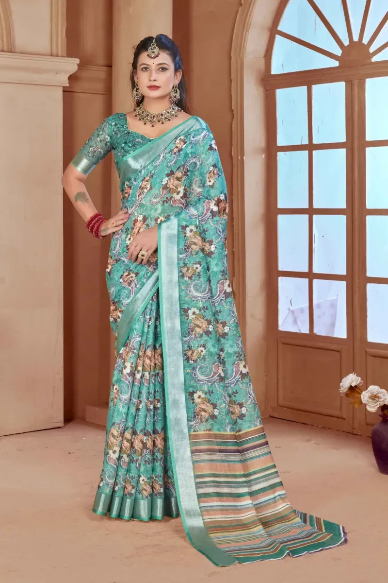 Sea Green Floral Paisley Print Linen Saree with Silver Border