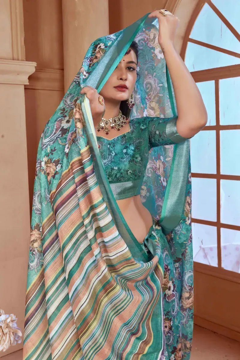 Sea Green Floral Paisley Print Linen Saree with Silver Border (Hover)