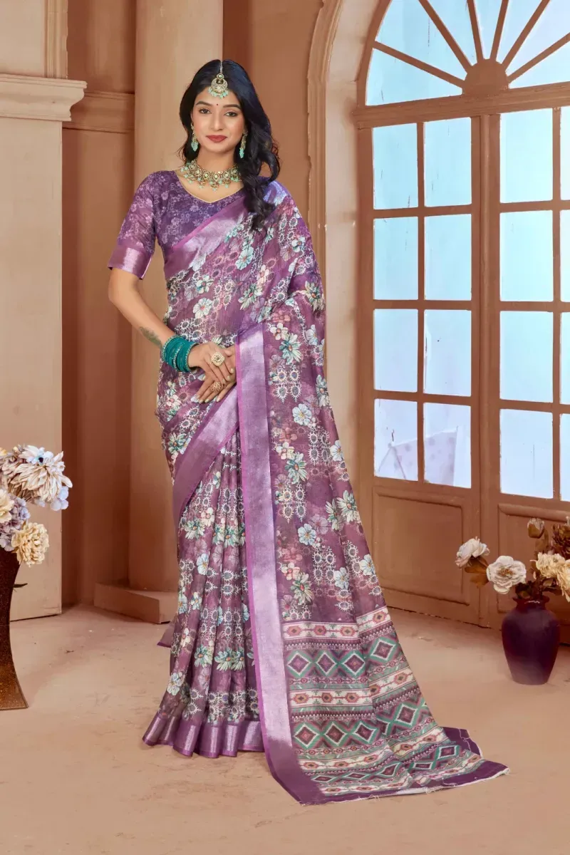 Purple Floral Print Linen Saree with Metallic Zari Border