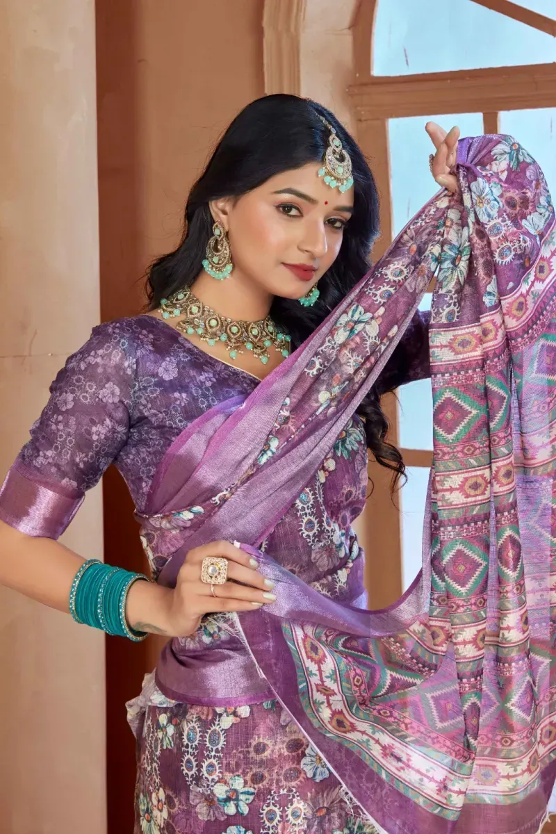 Purple Floral Print Linen Saree with Metallic Zari Border (Hover)