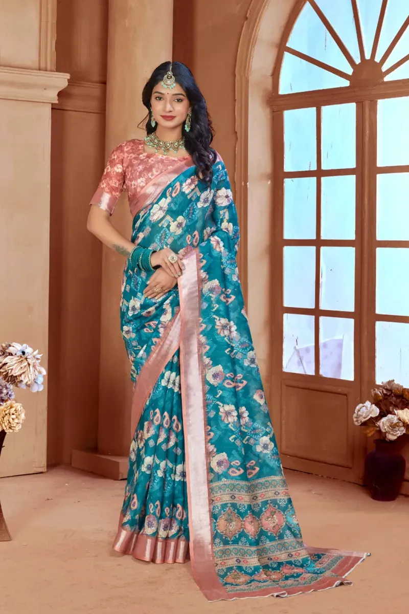 Teal Blue Floral Print Linen Saree with Rose Gold Border