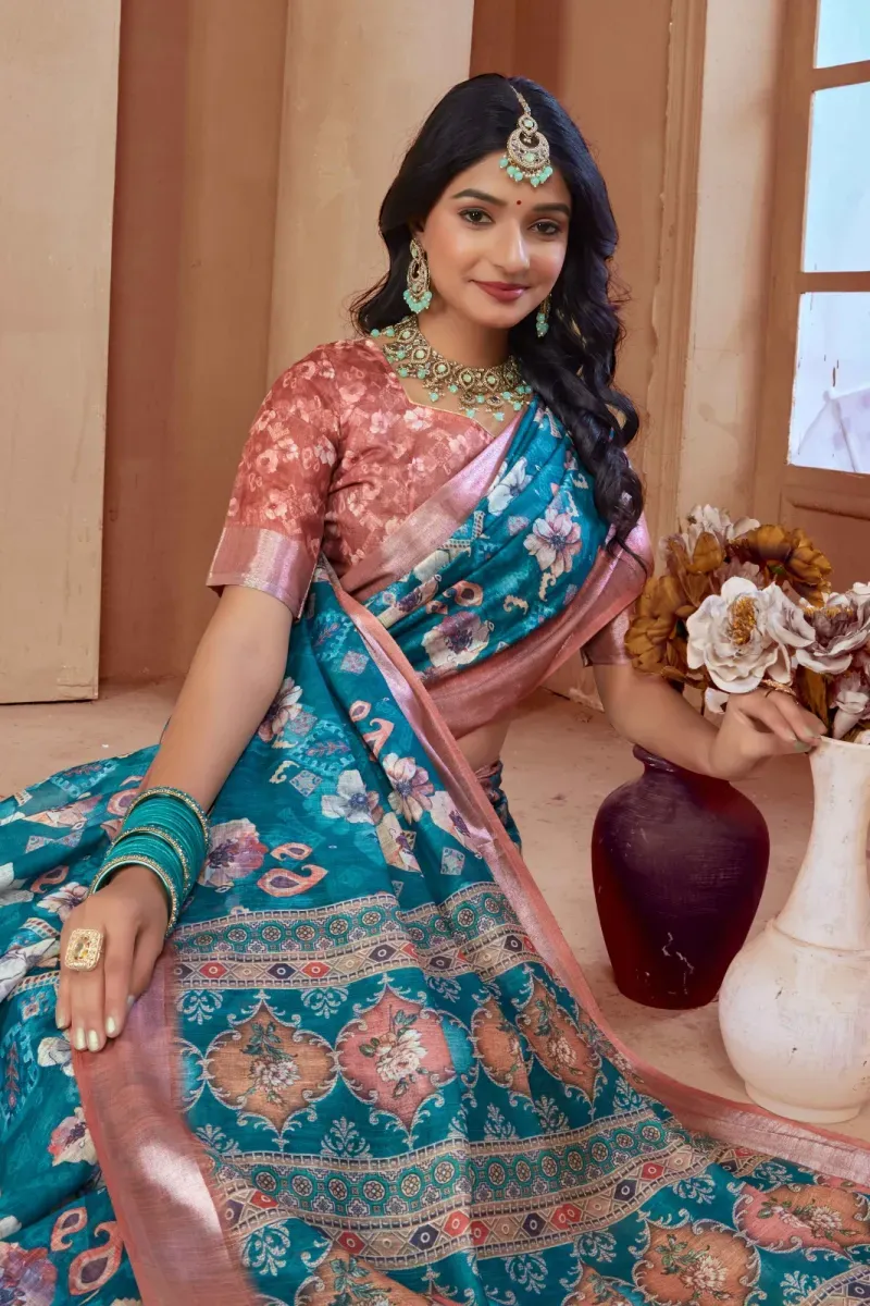 Teal Blue Floral Print Linen Saree with Rose Gold Border (Hover)
