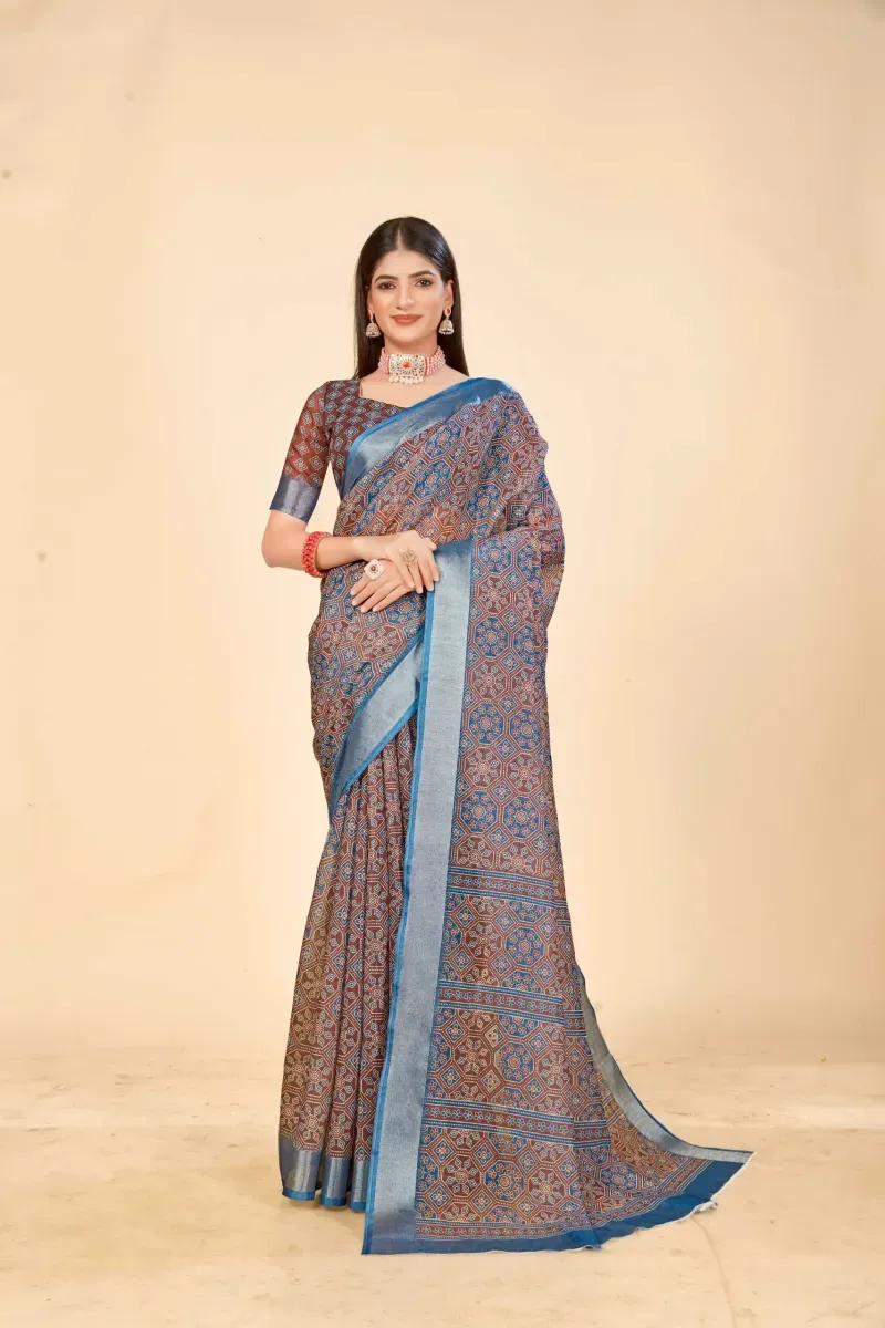 Brown Geometric Print Linen Saree with Metallic Blue Border