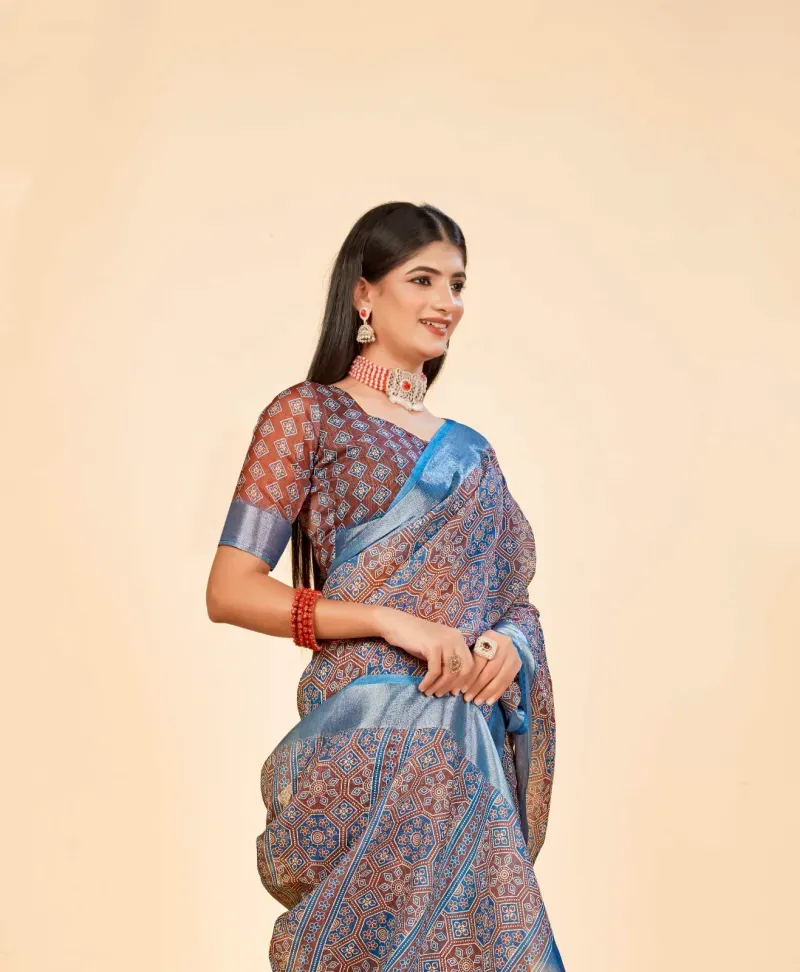 Brown Geometric Print Linen Saree with Metallic Blue Border (Hover)