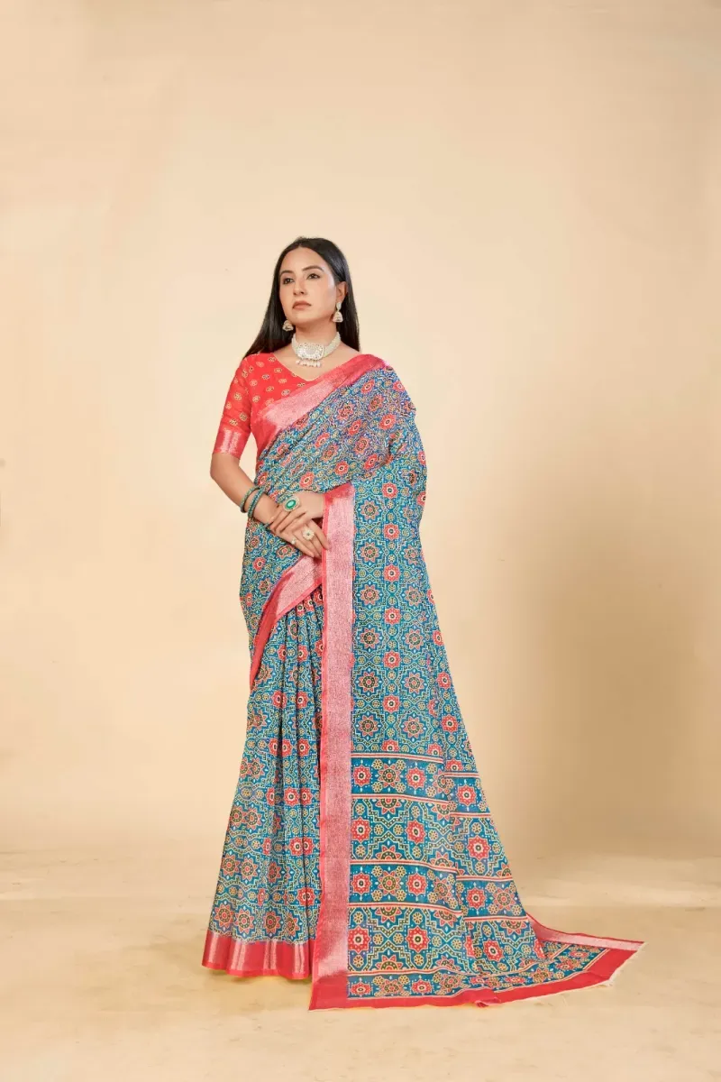 Teal Blue Geometric Print Linen Saree with Red Zari Border