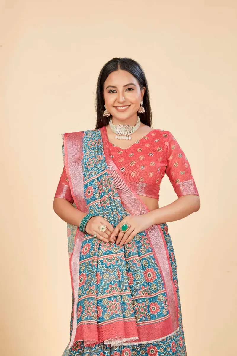 Teal Blue Geometric Print Linen Saree with Red Zari Border (Hover)