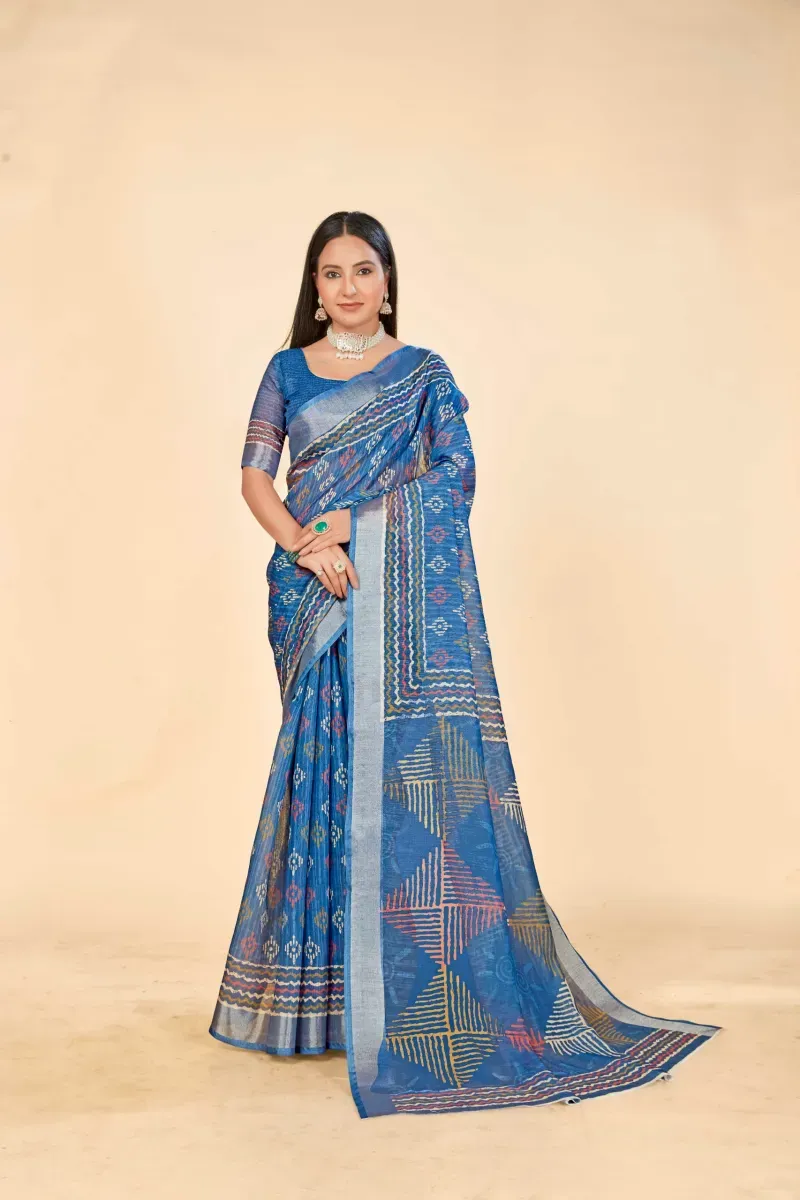 Blue Geometric Tribal Print Linen Saree with Silver Zari Border
