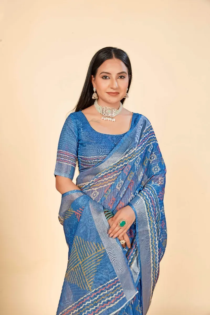 Blue Geometric Tribal Print Linen Saree with Silver Zari Border (Hover)