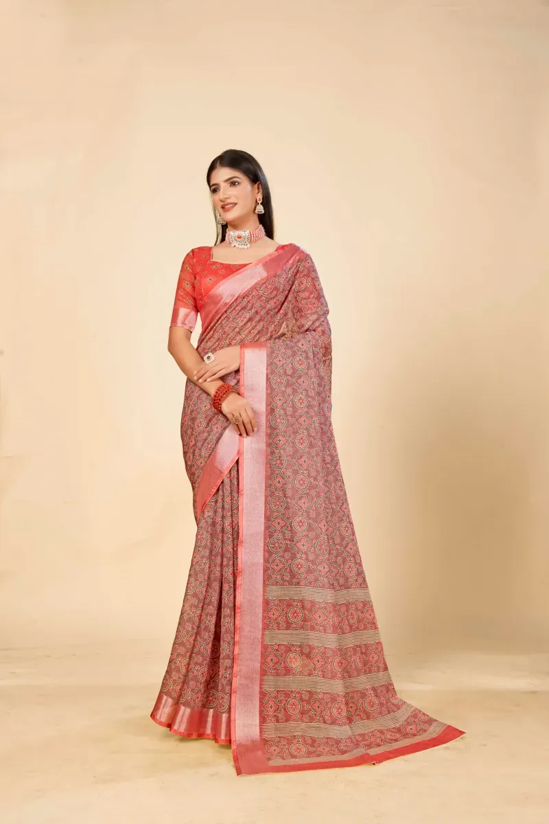 Rust Red Geometric Print Linen Saree with Metallic Border