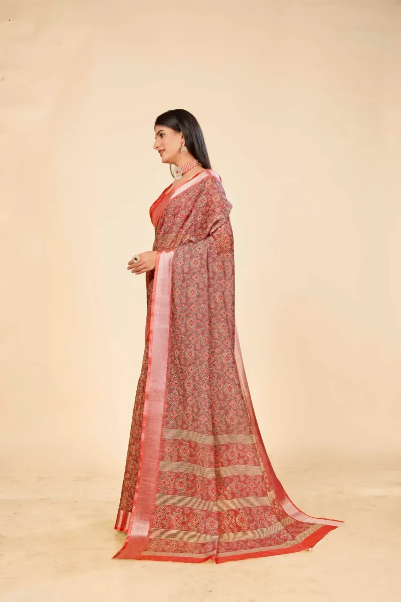 Rust Red Geometric Print Linen Saree with Metallic Border (Hover)