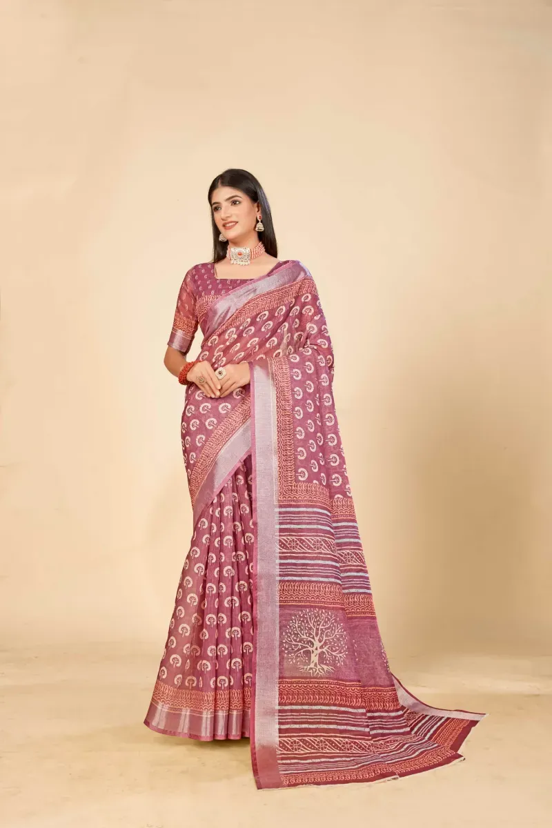 Mauve Tree of Life Block Print Linen Saree with Silver Border