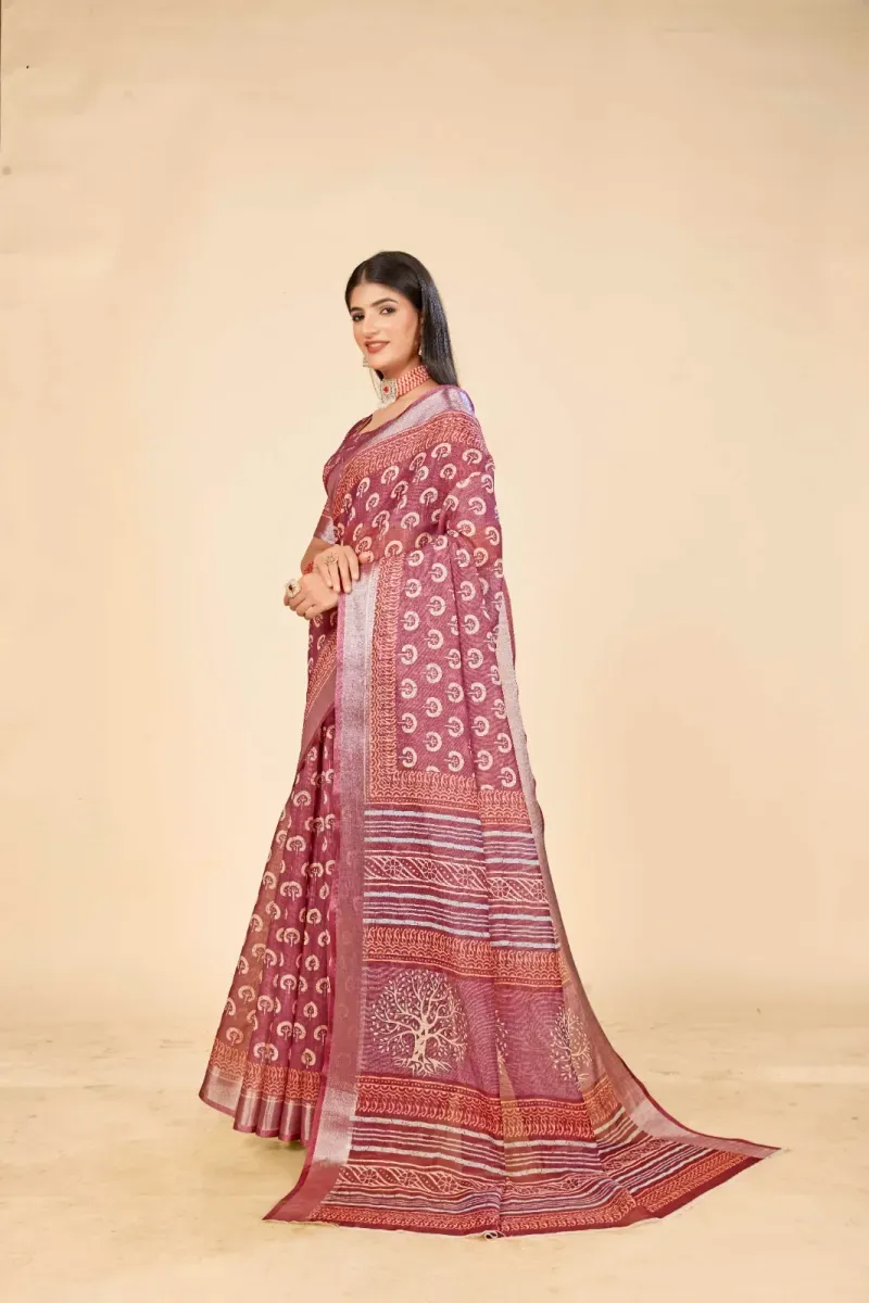 Mauve Tree of Life Block Print Linen Saree with Silver Border (Hover)
