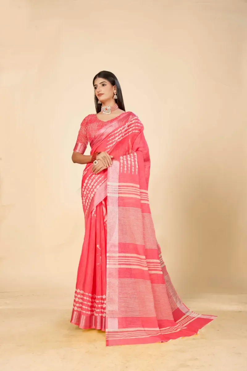 Vibrant Pink Shibori Print Linen Saree with Silver Zari Border