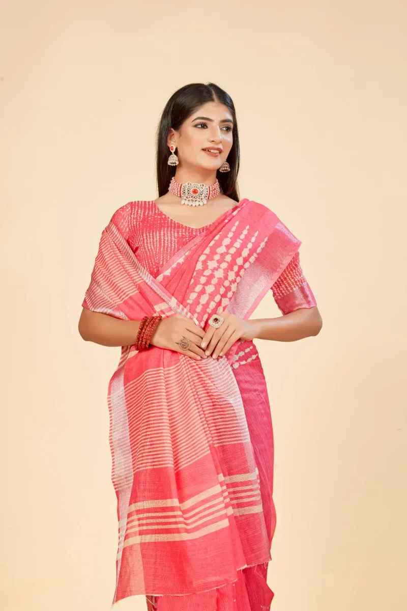 Vibrant Pink Shibori Print Linen Saree with Silver Zari Border (Hover)