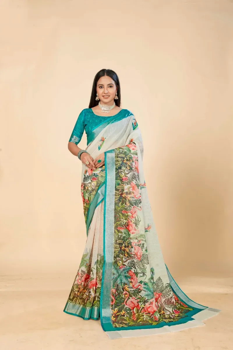 Off-White Tropical Flamingo Print Linen Saree with Teal Border