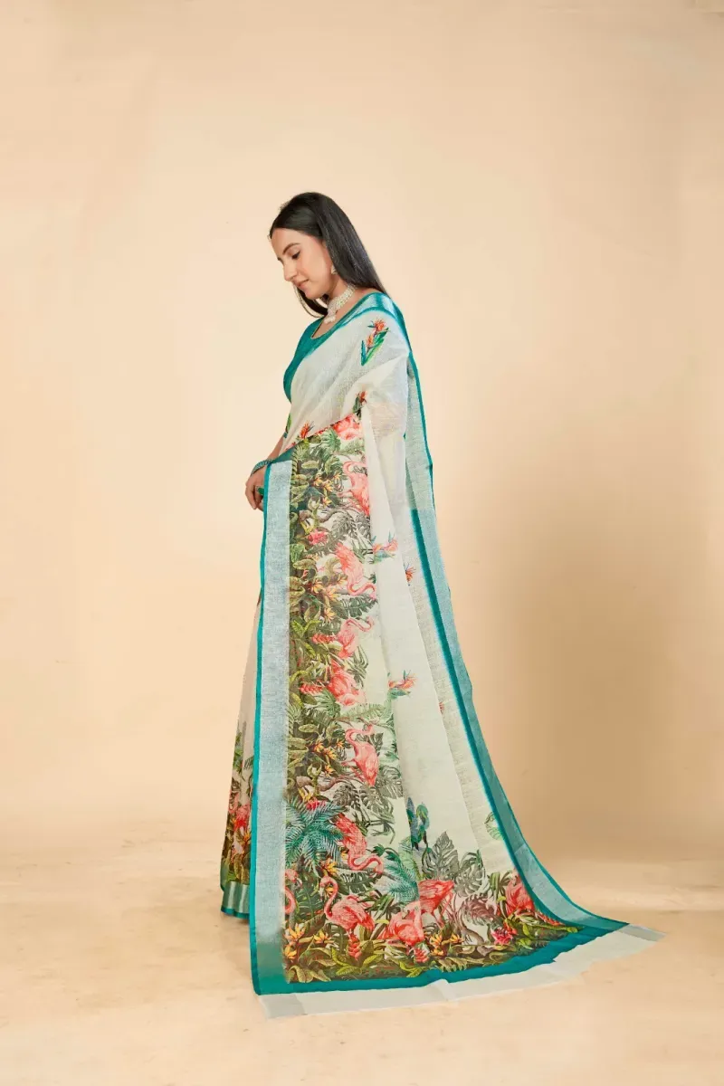 Off-White Tropical Flamingo Print Linen Saree with Teal Border (Hover)