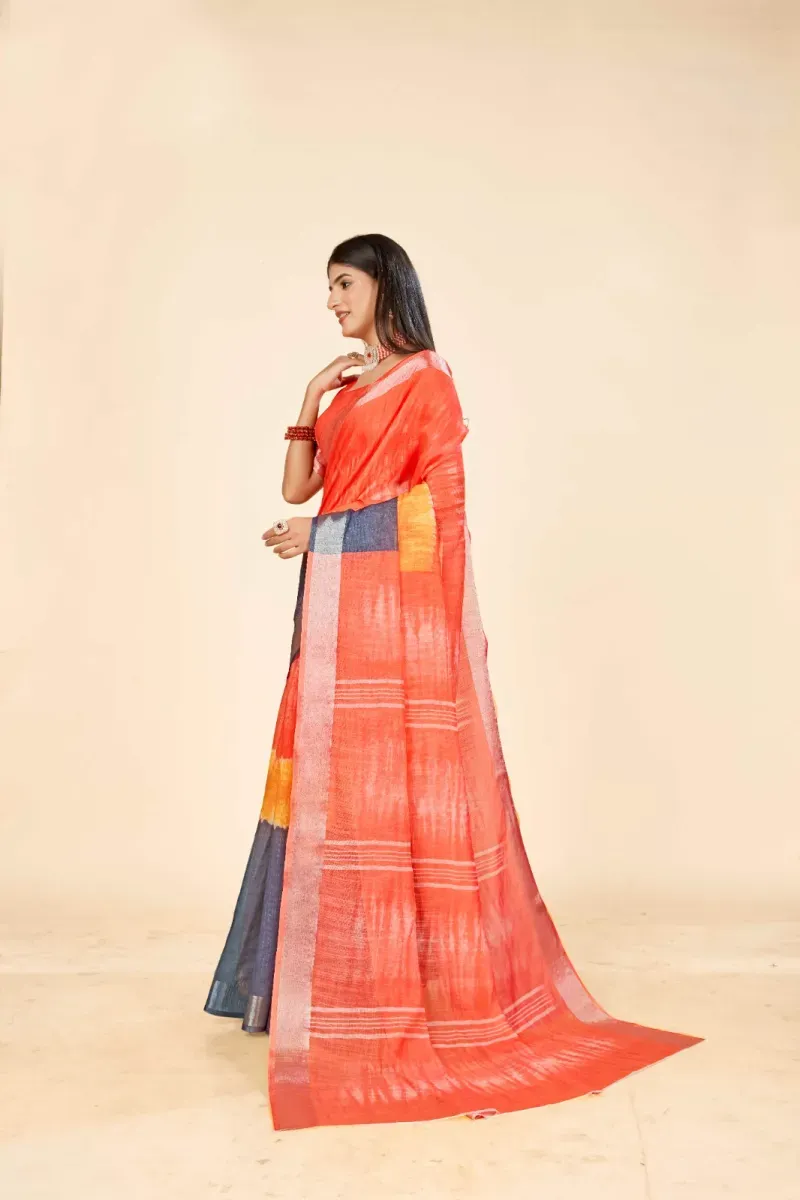 Orange Shibori Print Linen Saree with Silver Zari Border