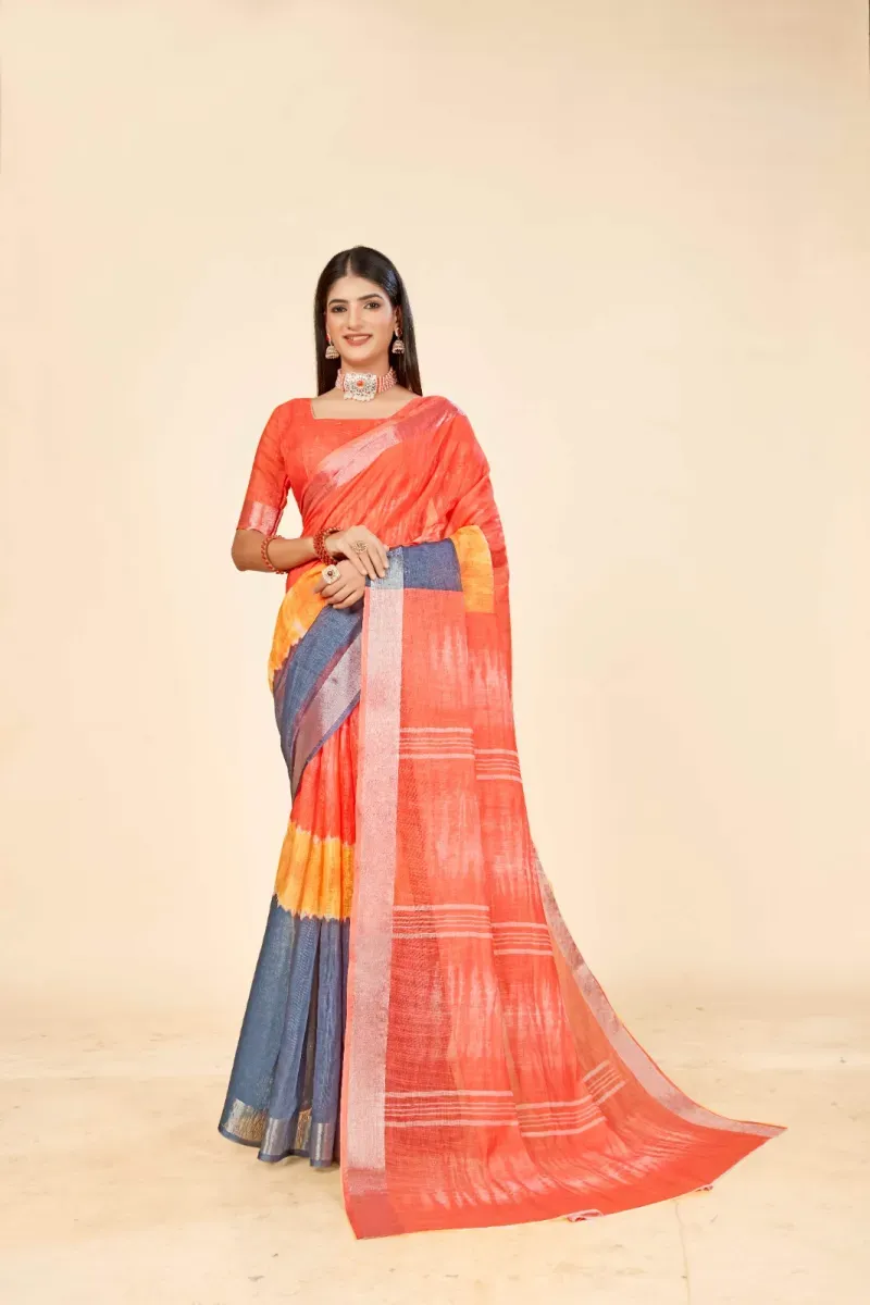Orange Shibori Print Linen Saree with Silver Zari Border (Hover)