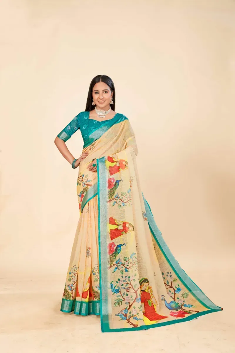 Cream Pichwai Print Linen Saree with Teal Blue Border