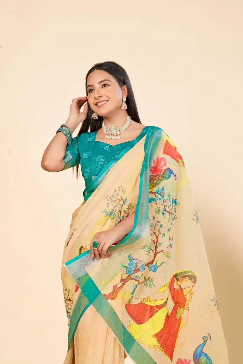 Cream Pichwai Print Linen Saree with Teal Blue Border (Hover)