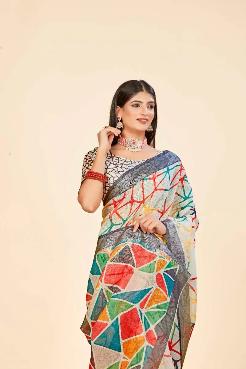 White Multi-Color Abstract Geometric Print Linen Saree with Metallic Border