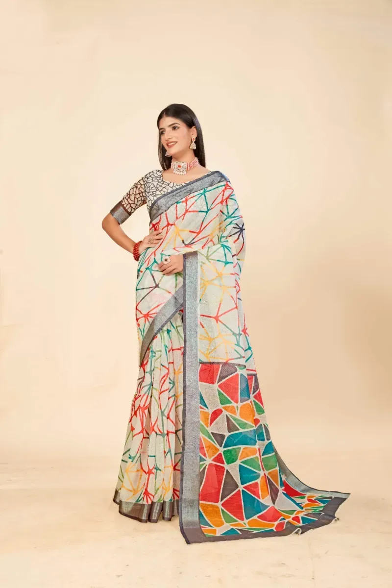 White Multi-Color Abstract Geometric Print Linen Saree with Metallic Border (Hover)